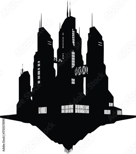 Silhouette of a floating futuristic city, symbolizing advanced urban planning and innovative architectural design in a minimalist style
