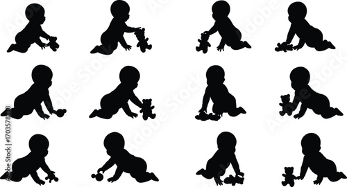 Silhouette of baby crawling with toy, toddler playing, infant growth stages, childhood development, family care, parenting concept, child activity vector illustration