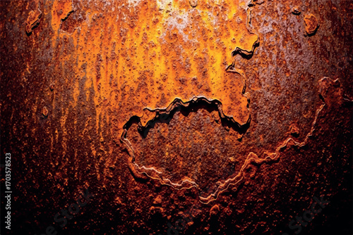 Closeup texture of heavily rusted metal surface with orange and brown hues, showing corrosion and decay with a dramatic, dark vignette