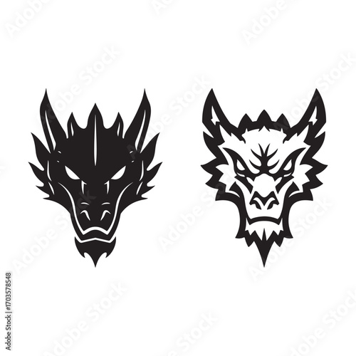 dual dragon head vector illustration in black and white with fierce and mythical expressions for fantasy themes.