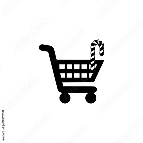 Candy cane in shopping cart vector illustration for festive market and seasonal gift commerce