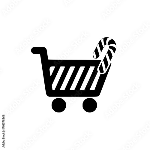 Holiday shopping cart with miniature candy cane icon isolated on white background for retail theme