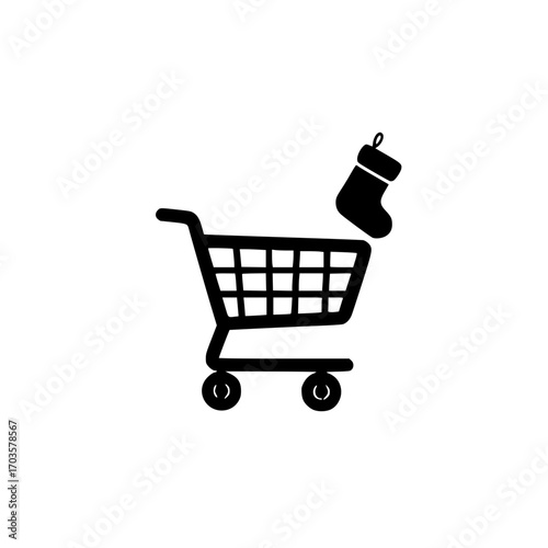 Holiday shopping cart with miniature stocking icon isolated on white background for festive retail