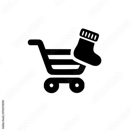 Shopping cart with small Christmas stocking icon vector for holiday retail and festive ecommerce
