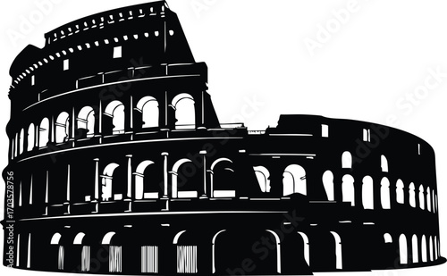 A detailed black and white illustration of the colosseum, capturing its grandeur and historical significance