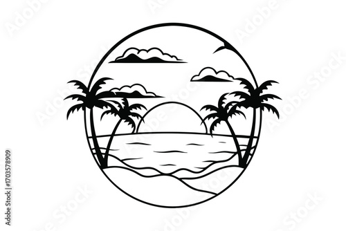 Black palm trees frame a tranquil seascape within a simple circle