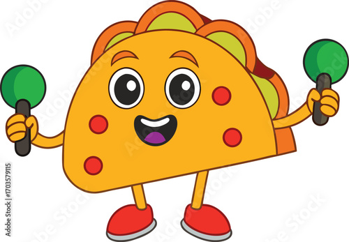 Whimsical cartoon taco character dancing joyfully holding maracas with a happy expression vector