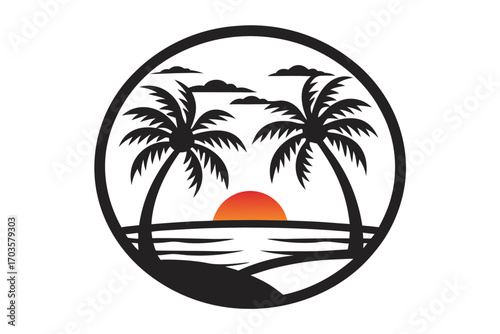 Black palm tree design features ocean waves and sunburst within oval frame