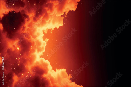 Intense orange and yellow explosion clouds billow outwards, with glowing embers and a dark gradient background