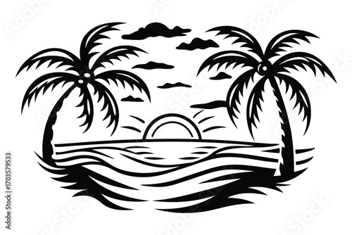 Black palm trees silhouette under a sunset sky inside an oval