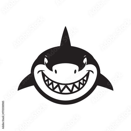 cartoon shark head vector with sharp teeth and mischievous grin in black and white for mascot or logo design.