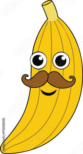 Humorous cartoon banana character with a fun mustache smiling and winking for comedic fruit concepts vector