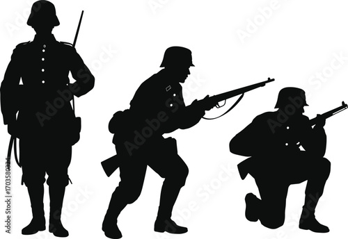 WWII Soldier Silhouettes Vector – Armed Military Figures with Rifles in Standing, Running, and Kneeling Positions – War, Combat, and History Concept Art
