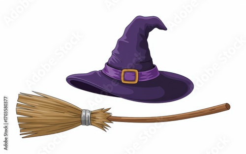 Witch Hat and Broomstick on White Background