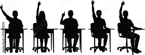 Students silhouettes in classroom, sitting at desks, raising hands, school learning concept, education vector illustration, children answering teacher questions