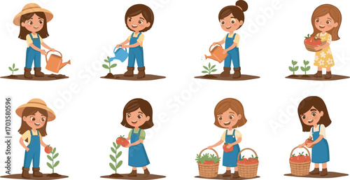 Cartoon girls gardening, watering plants, harvesting vegetables, outdoor activity, kids farming, nature care, spring garden, eco-friendly lifestyle illustration