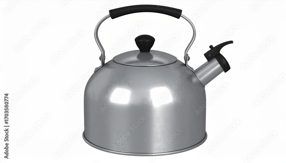 Fototapeta premium Silver Kettle with Black Handle and Spout on a White Background