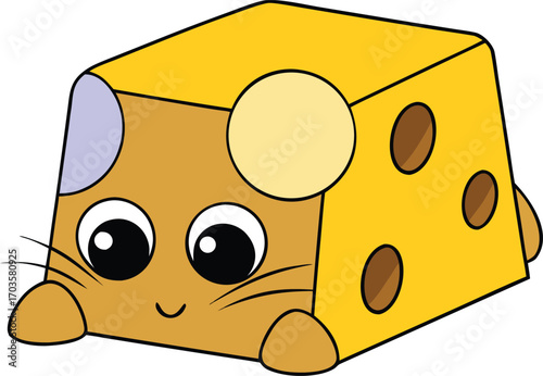 Funny cartoon cheese block character hiding from mouse illustration with big eyes and cute features for food concepts vector