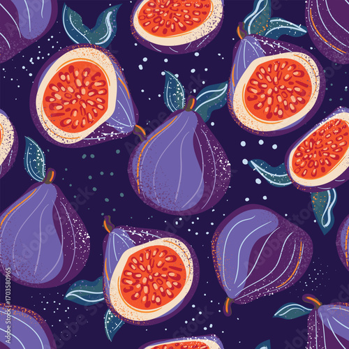 An eyecatching and colorful illustration showcasing figs set against a rich purple backdrop, ideal for textiles