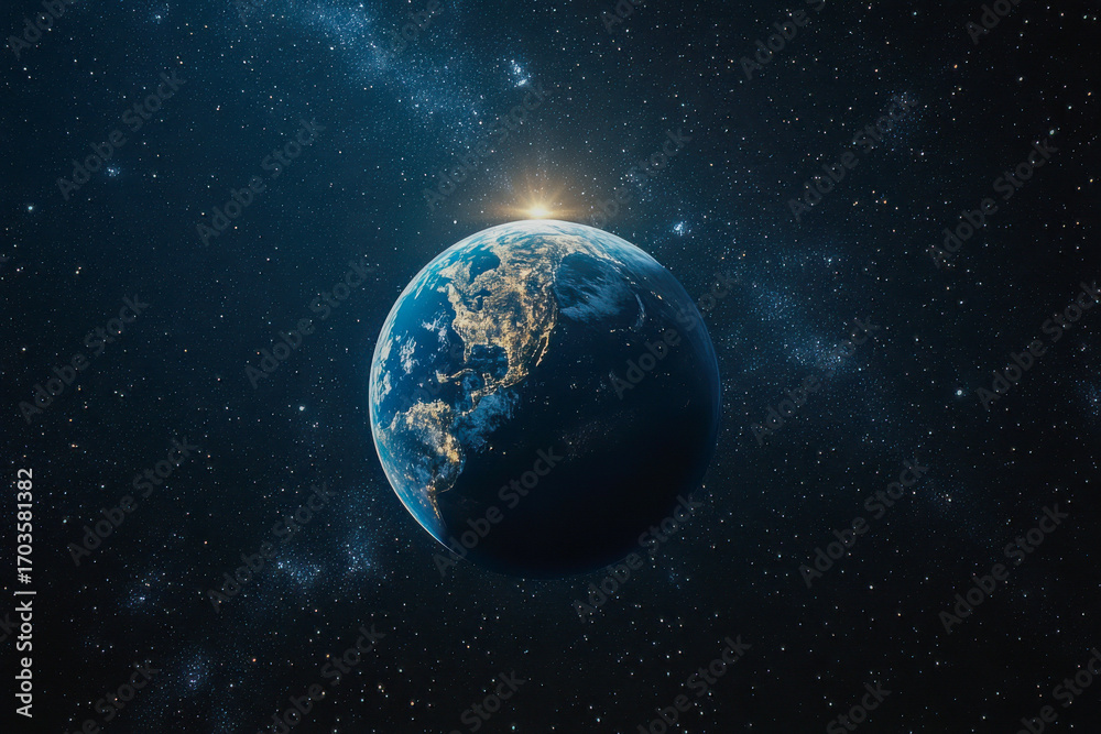 Naklejka premium View of Earth from space showing illuminated areas by sunrise against a backdrop of stars and galaxies, highlighting the planet's beauty