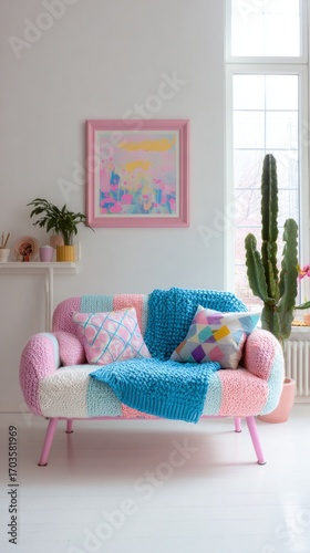 Cozy living room with colorful furniture and vibrant decor in a bright space