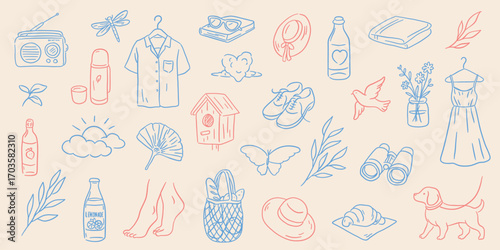 Summer lifestyle vector set. Hand drawn doodle illustrations of clothes, drinks, food, flowers, dog, and vacation items in minimal line art style.