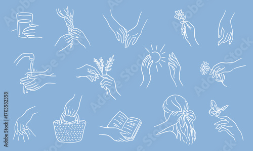 Minimalist vector set of hand line art with flowers, water, sun, butterfly, book, and daily life objects. Simple one line drawing.