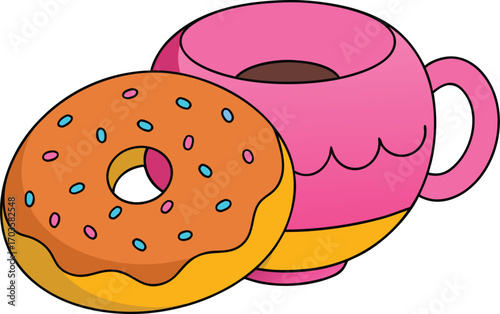 Whimsical donut resting comfortably on pink coffee mug pillow for playful foodie designs vector