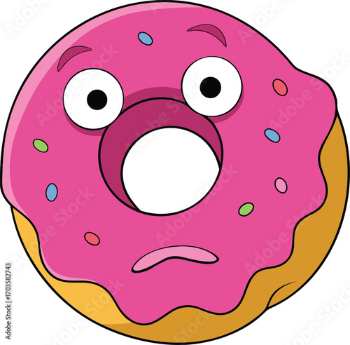 Screaming donut with missing bite expressing shock and surprise humorous cartoon character food art vector