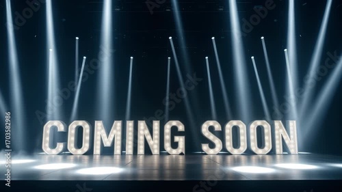 Stage production coming soon with illuminated marquee letters and dramatic lighting