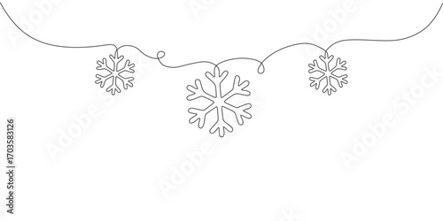 Continuous one line art of snowflakes hanging on garland for seasonal designs, holiday decorations, and winter themed project