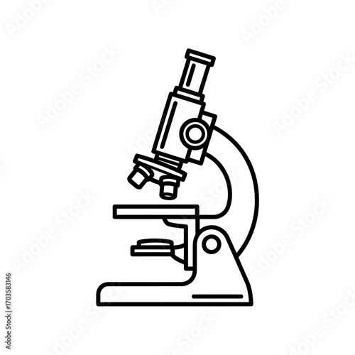 Line drawing of a microscope, showing the eyepiece, objective lenses, stage, and base.
