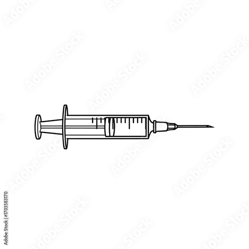 Line drawing of a syringe with a needle, ready for medical injection or vaccination.