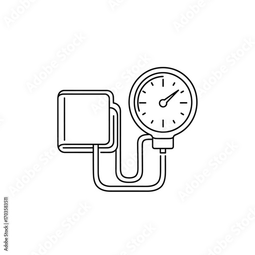 Line drawing of a sphygmomanometer, a medical device used for measuring blood pressure.