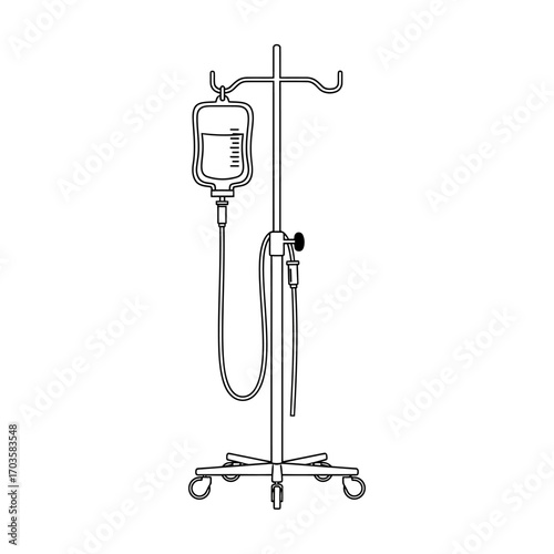 Line drawing of an intravenous drip bag and stand, ready for medical use.
