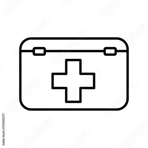 A simple, minimalist line drawing of a first aid kit with a prominent cross on the front.