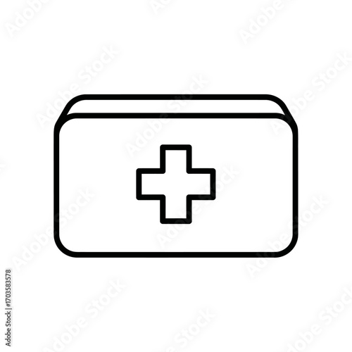 Simple line drawing of a first-aid kit with a plus symbol.