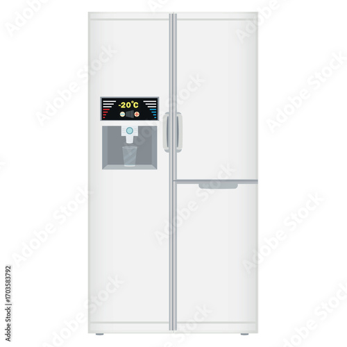white three-door refrigerator with digital display