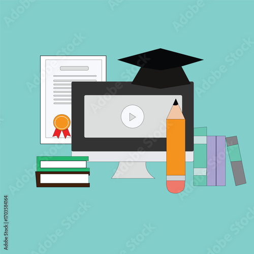 E-learning concept with computer, graduation cap, and pencil for distance learning background.