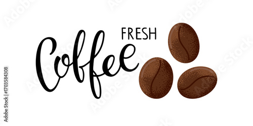 Coffee card. Coffee beans and text on white background. Vector hand drawn lettering. Minimal background, Template of banner, logo, coffee shop poster , restaurant, company, cafe. Coffee break time
