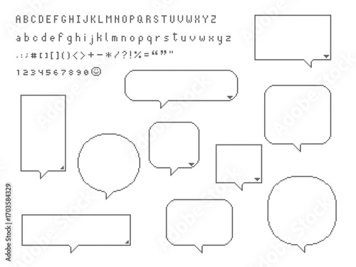 collection set of retro game 8 bit line pixel speech bubble balloon with alphabet black and white color, flat design vector illustration