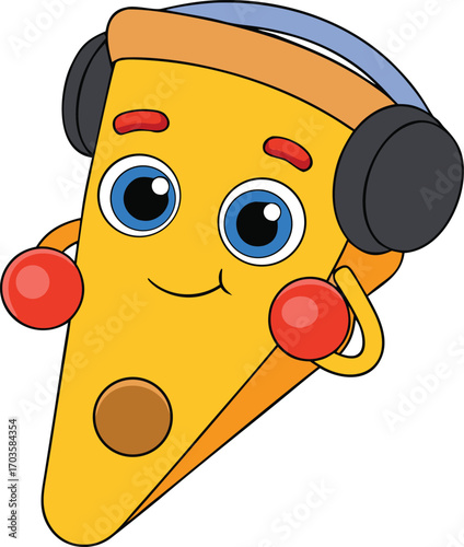 Cute cartoon pizza slice character djing with headphones and red earbuds fun food humor vector