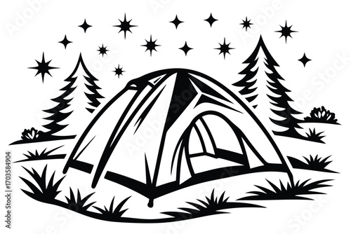 Black silhouette portrays a camping tent beneath starry skies and towering evergreen trees