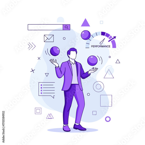 Man juggling balls representing business performance and tasks