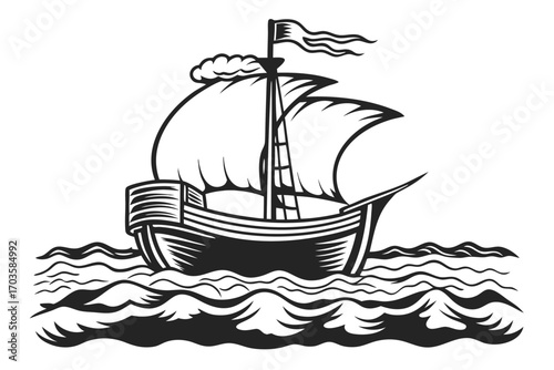 Black silhouette reveals an ancient sailing ship conquering turbulent waves across a vast sea