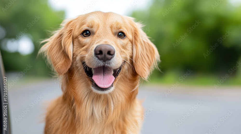 Obraz premium Golden retriever dog smiling happily outdoors on sunny day