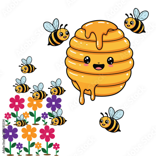 Adorable Cartoon Honeycomb with Busy Bees and Colorful Flowers: Sweet, Happy, Childlike Illustration