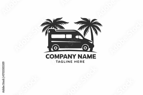 Black silhouette showing a campervan parked between two tropical palm trees on a white background