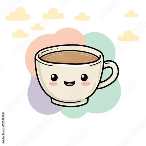 Cute coffee cup with clouds isolated on white background, a kawaii style illustration