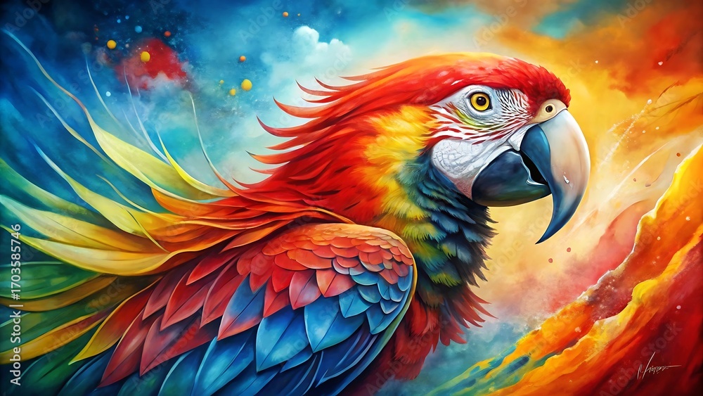 Obraz premium Closeup portrait of a colorful macaws head and chest, with vibrant feathers and a bright, abstract, fiery background